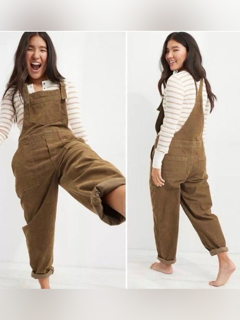 AERIE Werk And Play Tan Brown Corduroy Overalls Size XS